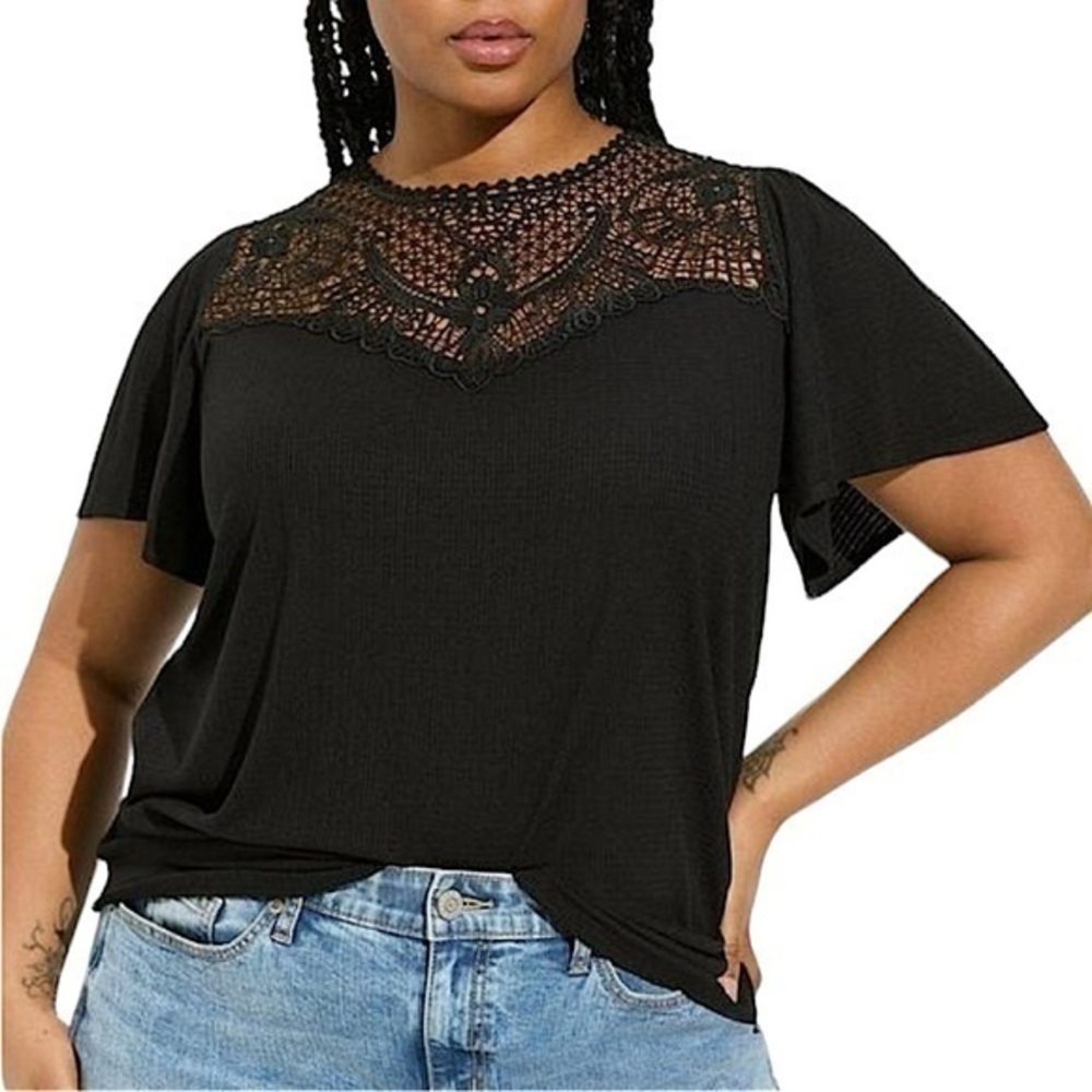Texture Jersey Crew Neck Lace Yoke Flutter Sleeve Top NWT Size 4X‎